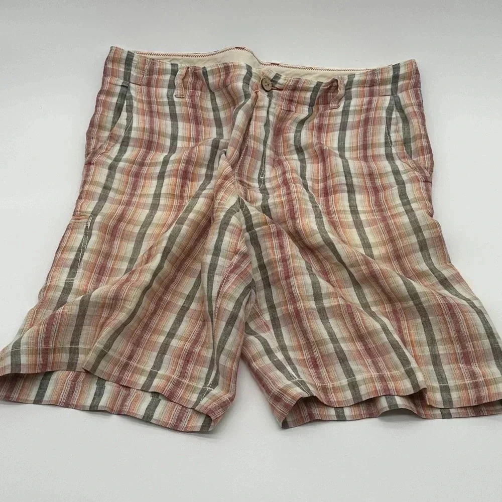 Tommy Bahama Shorts Mens 34 Red‎ Gray Vertical Striped 100% Linen Relax Bermuda